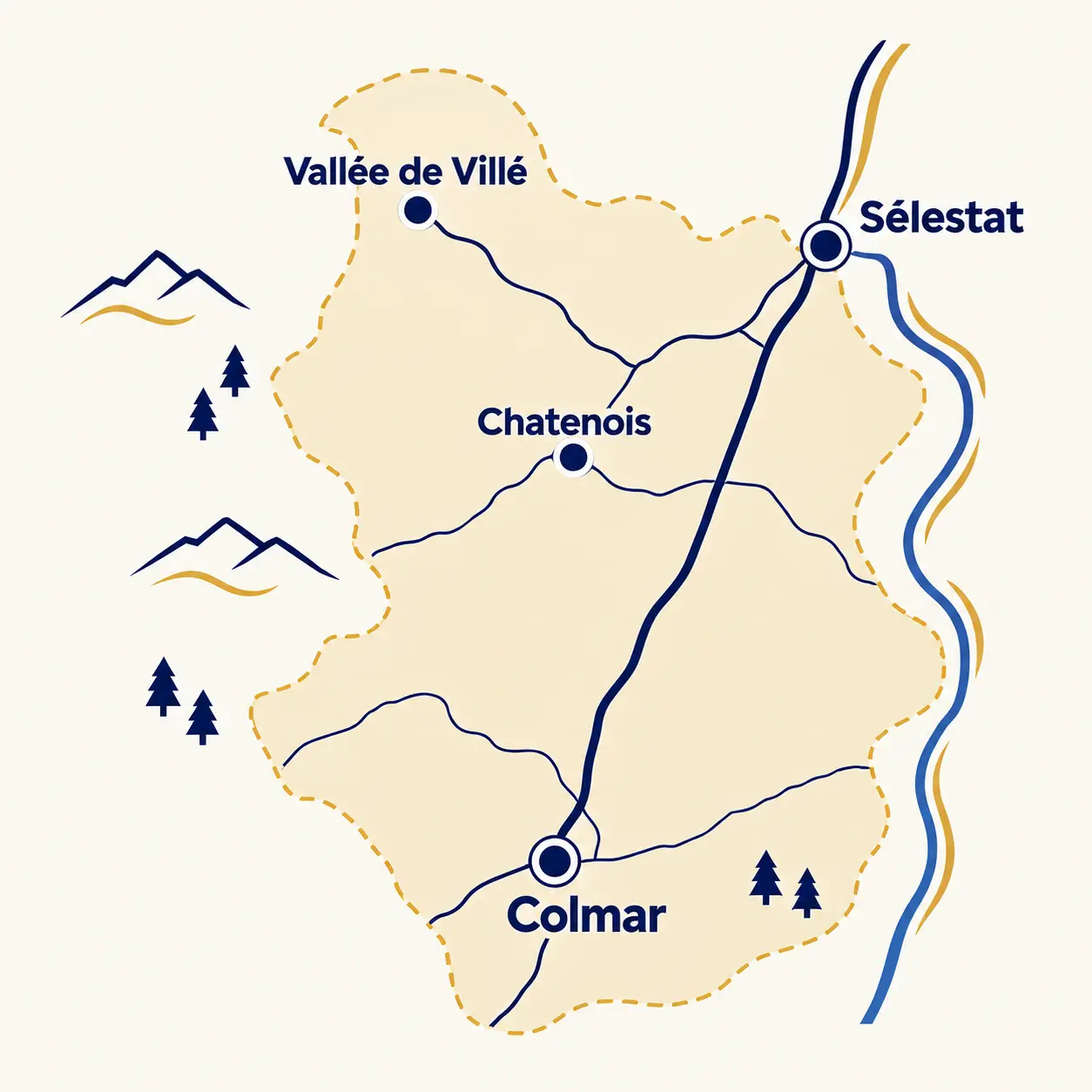 Carte du secteur d'intervention LVP : Vallée de Villé, Châtenois, Sélestat et Colmar